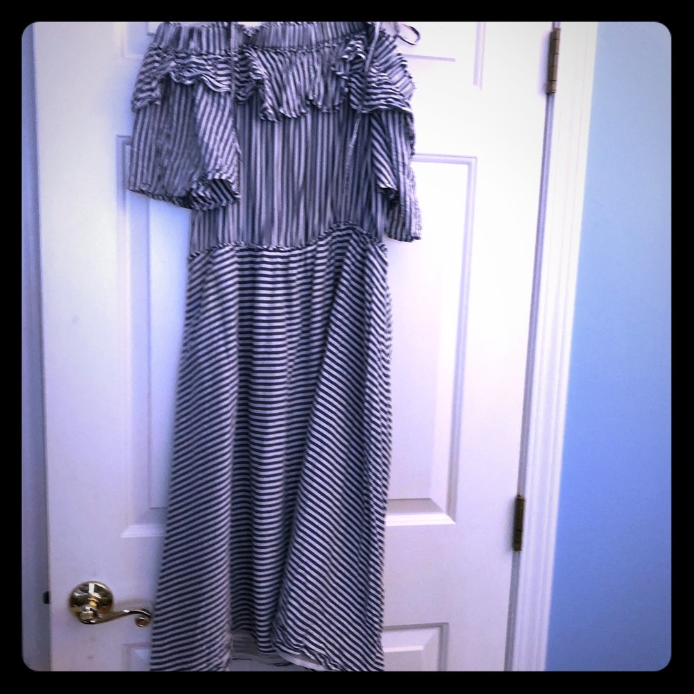 LOFT blue & white stripe off shoulder dress Sz L